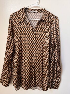 Abercrombie & Fitch Brown Geometric Checkerboard Satin Shirt Dress L